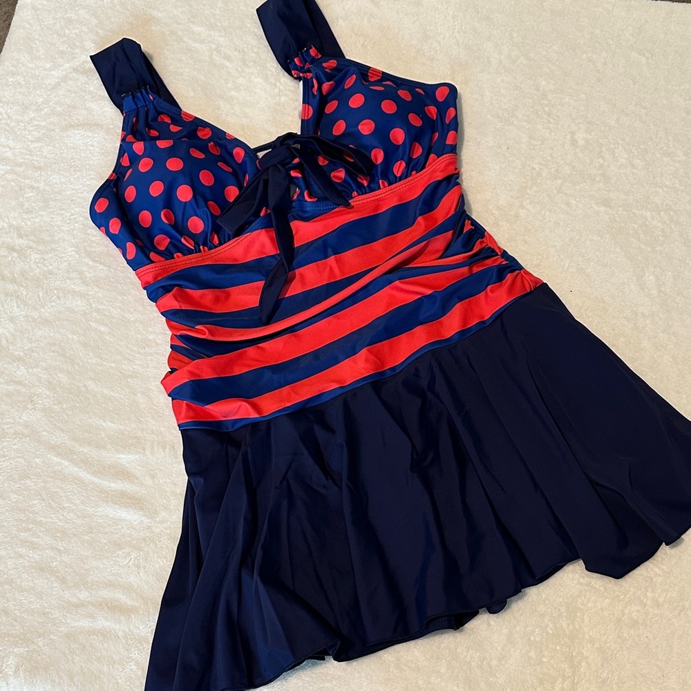 Navy and Red Polka Dot Swimsuit